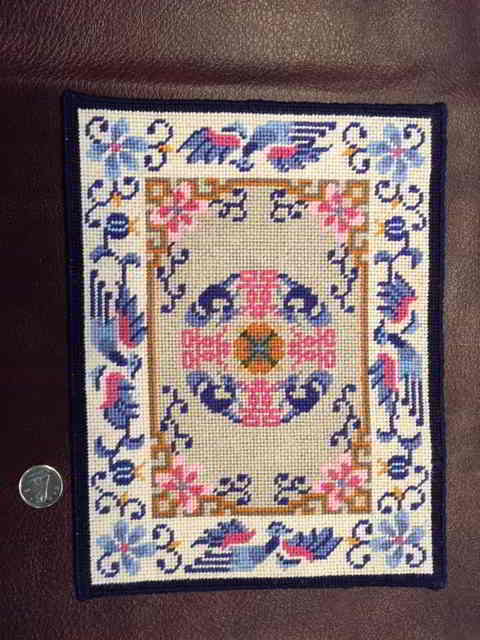 miniature Chinese patterned carpet, done in needlepoint